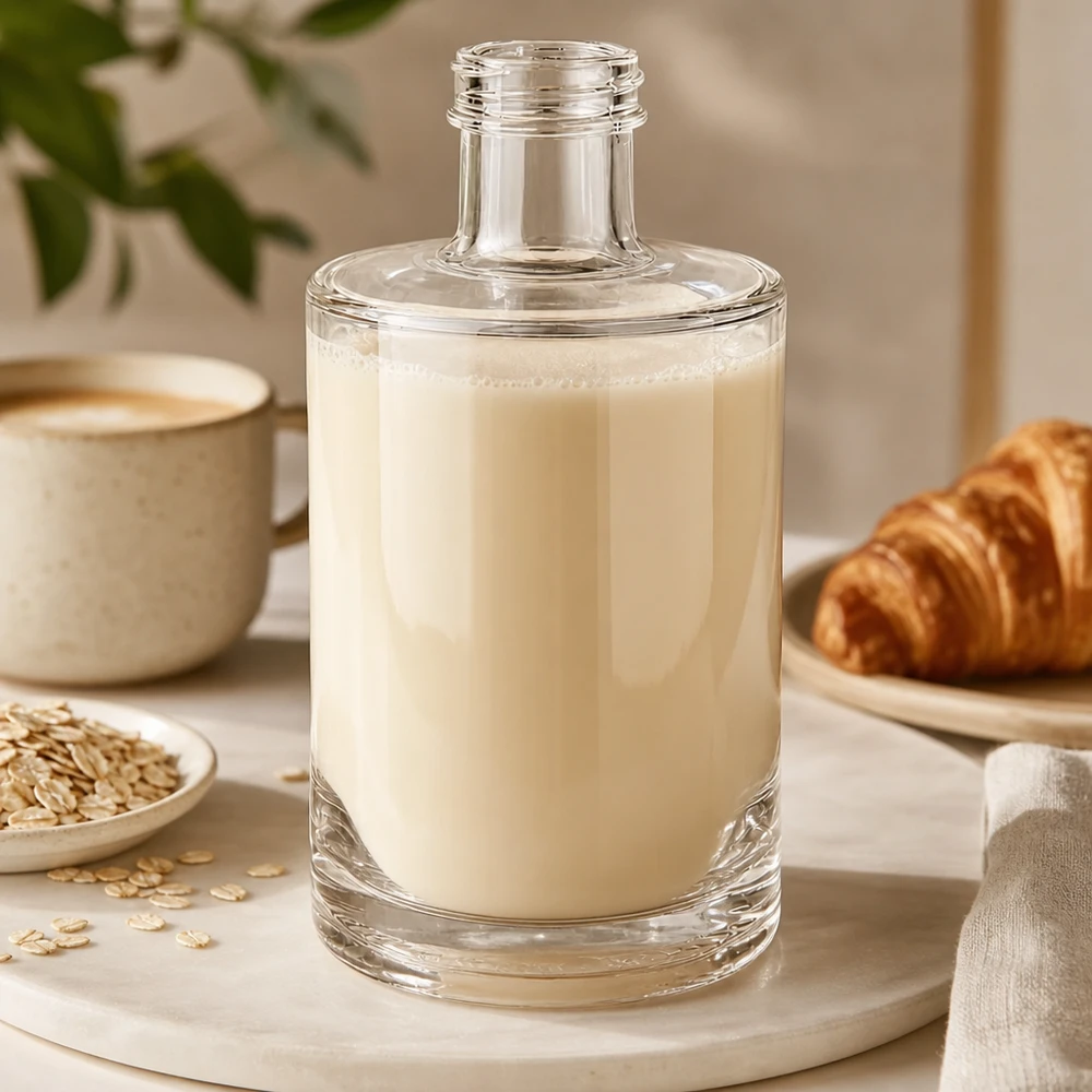 375 ml szklana butelka Sam wypełniona kremowym mlekiem owsianym ułożona obok rogalika i filiżanki kawy na drewnianej desce