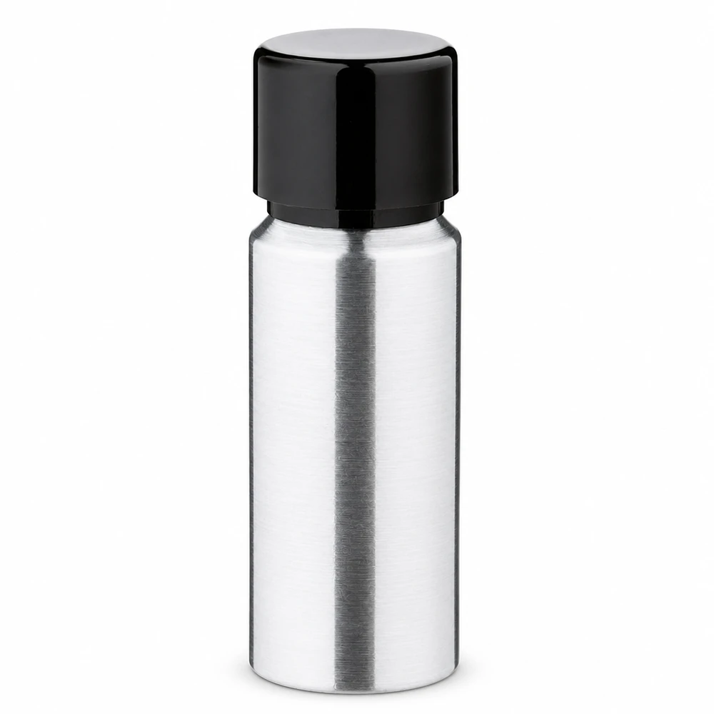 Butelka z polerowanego aluminium o pojemności 20 ml z zakrętką Aluminiowa butelka 20 ml z zakrętką z czarnego szczotkowanego aluminium do kosmetyków i olejków eterycznych