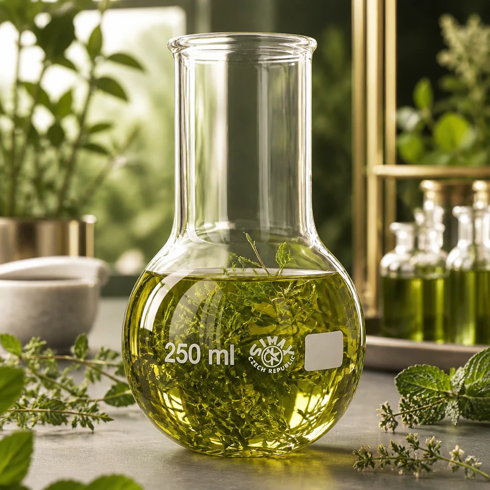 Kolba okrągłodenna z szeroką szyjką 250 ml Przezroczysta kolba okrągłodenna z szeroką szyjką o pojemności 250 ml do destylacji i ekstrakcji substancji roślinnych