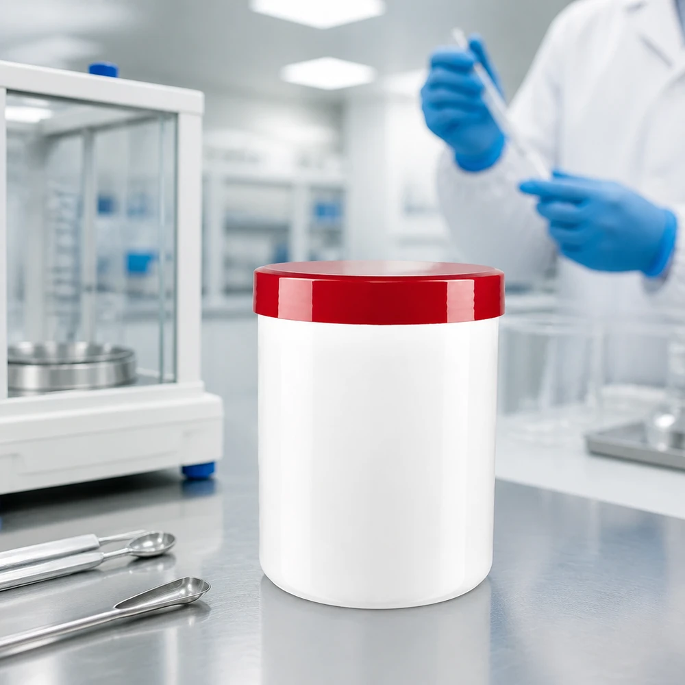Słoik na maść 500g biały z czerwoną zakrętką (PP) Cylindryczny słoik na maść o pojemności 500 g, wykonany z białego tworzywa PP, z czerwoną zakrętką, na stoliku ze stali nierdzewnej