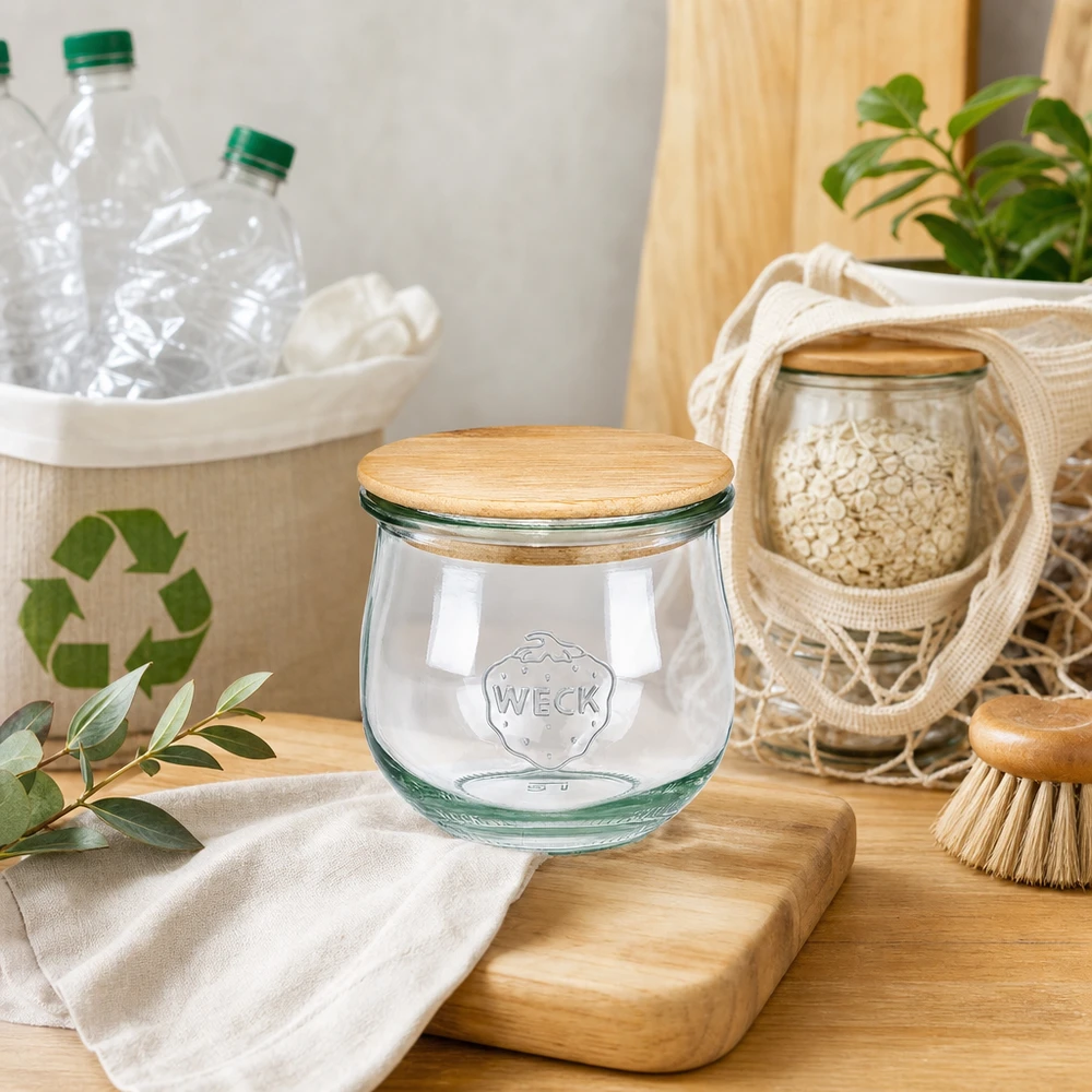 Słoik WECK tulipan 370ml RR80 z drewnianą pokrywką w zrównoważonej kuchni zero waste z naczyniami z recyklingu i naturalnymi dekoracjami