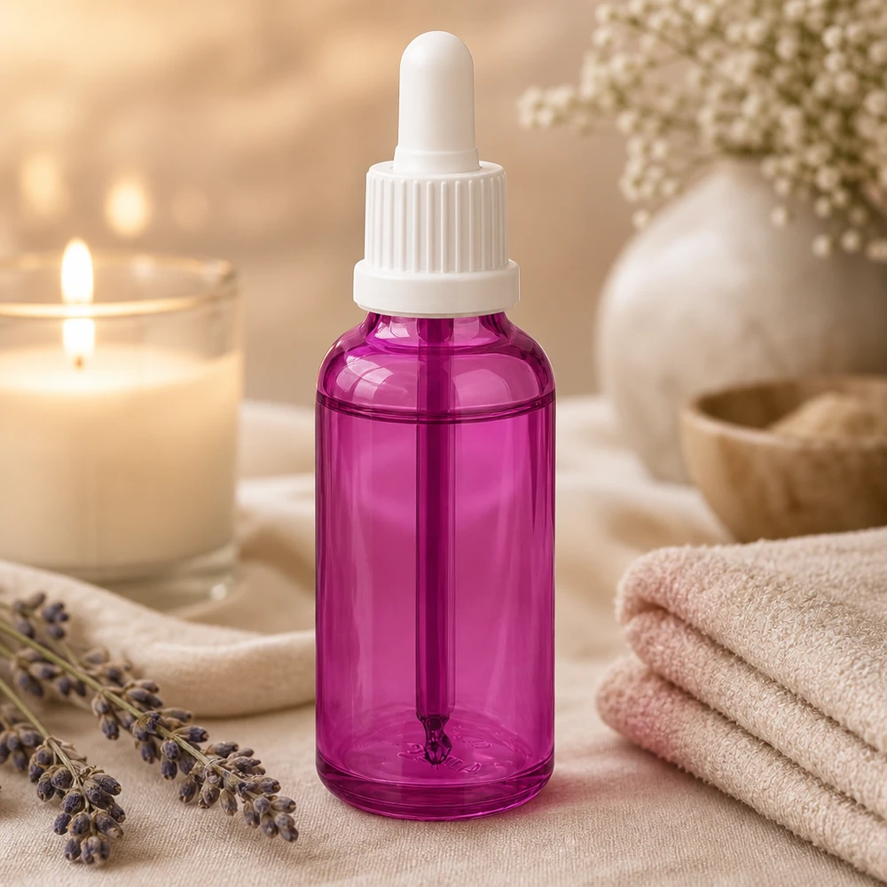 Wysokiej jakości butelka z pipetą PurpleLine 30 ml w kolorze fioletowym do serum i olejków w strefie spa