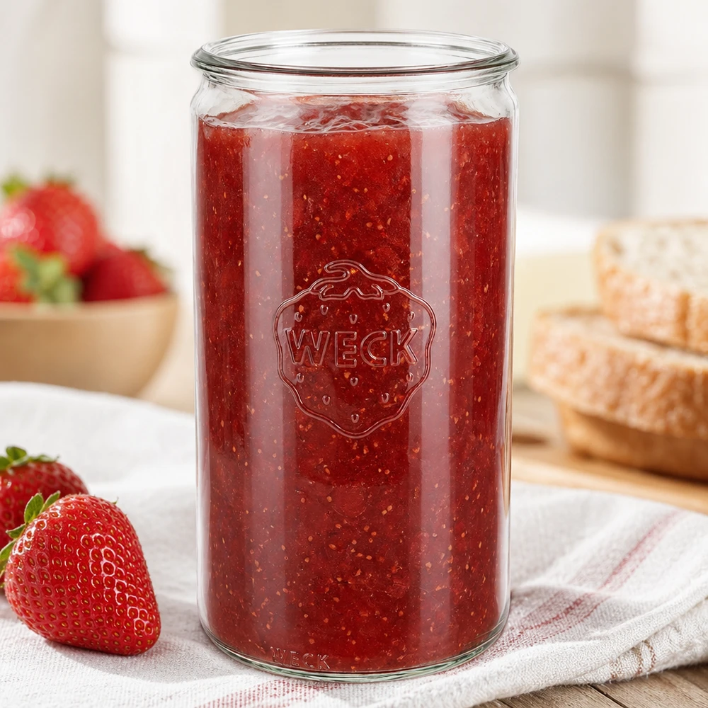 Słoik cylindryczny WECK RR100 o pojemności 1590 ml WECK Zylinderglas 1590ml RR100 gefüllt mit Erdbeermarmelade neben frischen Erdbeeren und Brot in heller Küche
