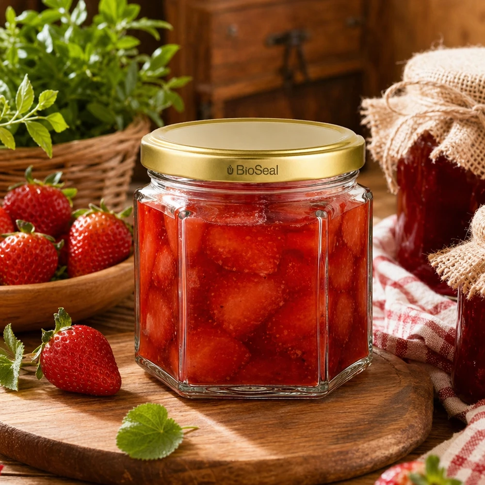 UNiTWIST Hexa47 ze złotą pokrywką TO43 BioSeal UNiTWIST Hexa47 Glasgefäß mit goldenem BioSeal Deckel für hausgemachte Erdbeermarmelade neben frischen Erdbeeren