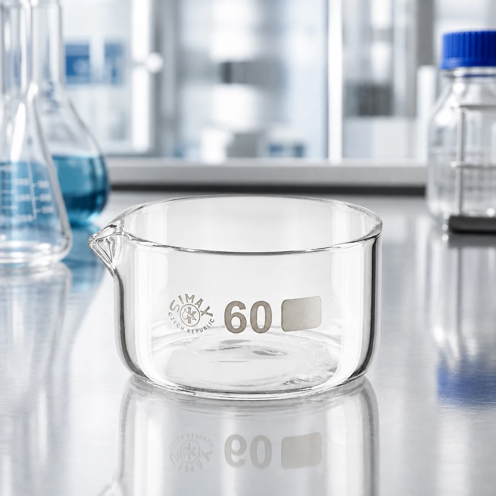 Szklana miska 60 ml, miska do krystalizacji, płaskie dno, wylewka, sprzęt laboratoryjny, miska do odparowywania, Simax