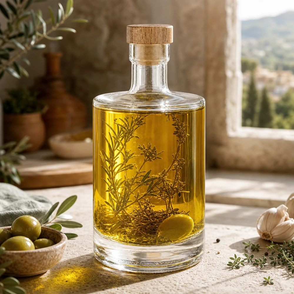 500ml Glasflasche Marie mit Kräuteröl befüllt - Holzkorken UNiTWIST - mediterrane Küchendeko mit Oliven und Rosmarin