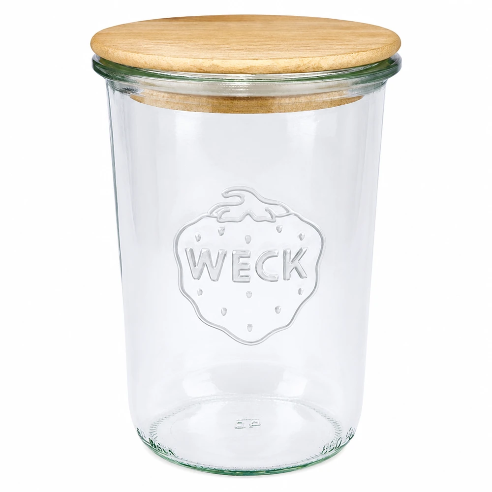 Słoik do przetworów WECK 850ml RR100 z drewnianą pokrywką Słoik do przetworów przezroczysty z logo WECK
