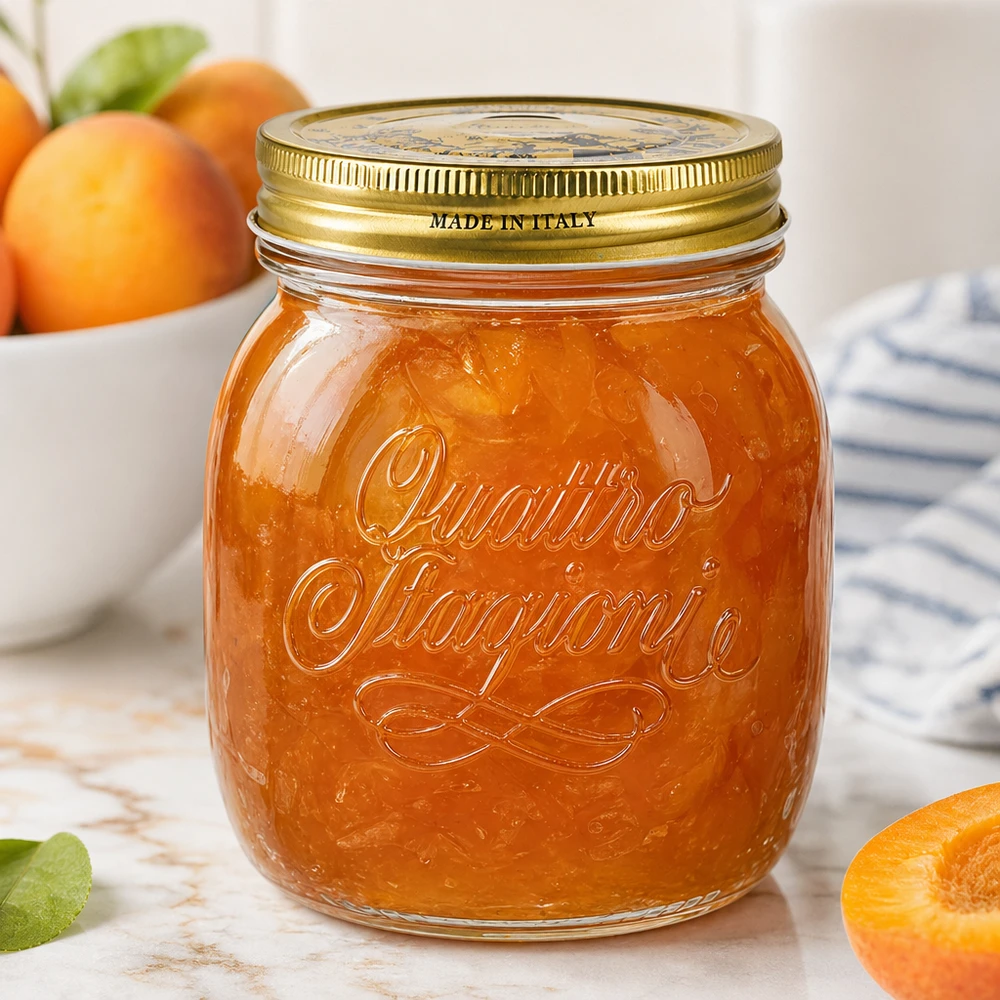 Słoik okrągły 700 ml „Quattro Stagioni” z pokrywką Quattro Stagioni 700ml okrągły słoik wypełniony dżemem morelowym Made in Italy Słoik do przechowywania dżemów i smarowideł
