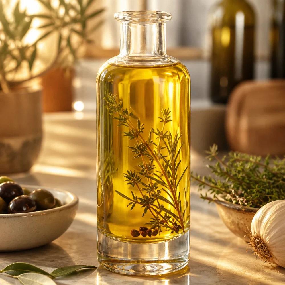 200ml Glasflasche Ella mit Kräuteröl und Rosmarin befüllt zeigt elegante Küchennutzung für aromatisierte Öle
