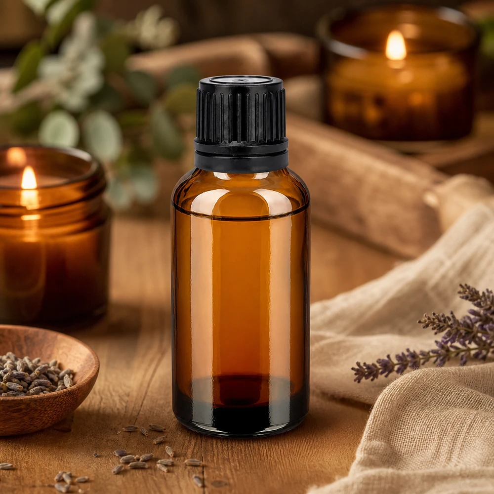 Szklana butelka BrownLine 30 ml z czarną zakrętką 11 mm na olejki eteryczne