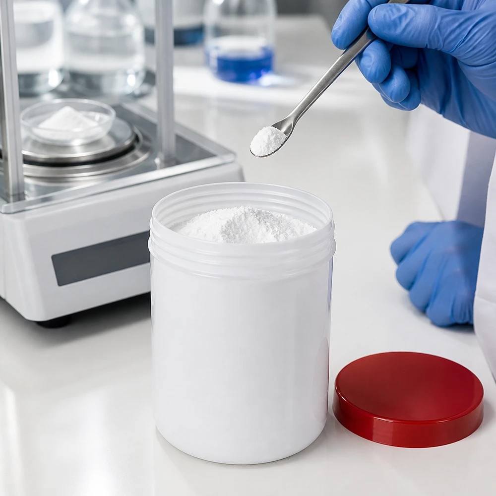Cylindryczny słoik na maść o pojemności 150 g, wykonany z białego tworzywa PP, z czerwoną zakręcaną pokrywką, stojący na stole laboratoryjnym