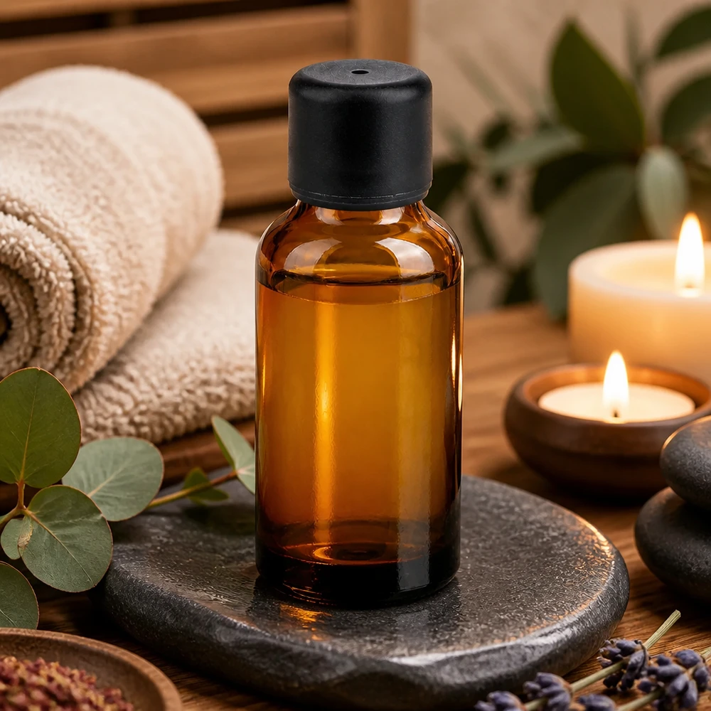 30 ml butelka do aromaterapii wykonana z chroniącego przed promieniowaniem UV bursztynowego szkła z praktyczną czarną zakrętką
