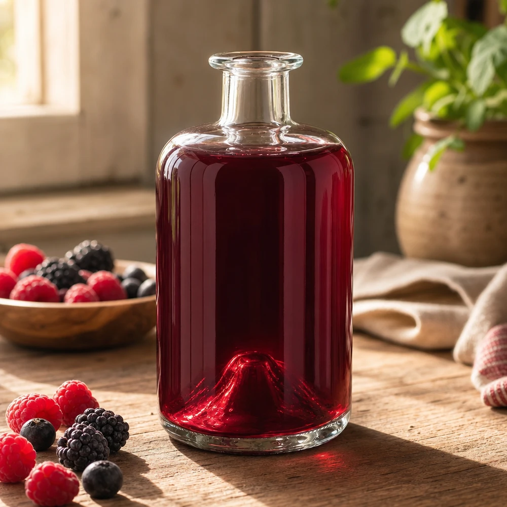 500ml Glasflasche Sofia mit rotem Beerensaft befüllt Himbeeren Brombeeren dekorative Küchendeko Apothekerflasche