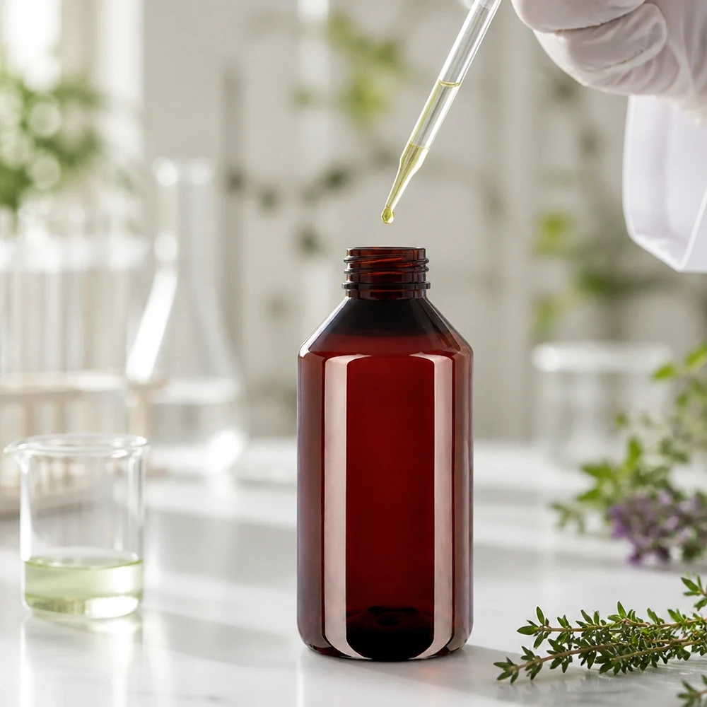 Brązowa butelka PET o pojemności 1 litra z białym zamknięciem zabezpieczającym, przeznaczona do przechowywania olejków eterycznych w laboratorium