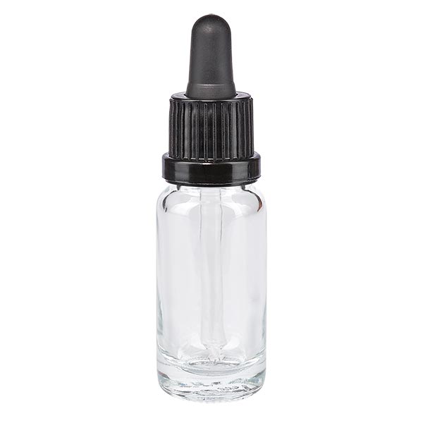 Butelka apteczna przezroczysta 10 ml z pipetą czarną/czarną OV Butelka apteczna przezroczysta 10 ml z pipetą czarną/czarną OV