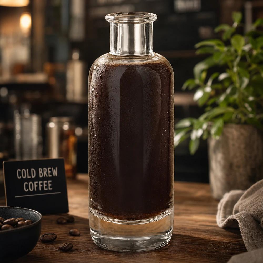 200 ml szklana butelka Ella wypełniona kawą parzoną na zimno w kawiarnianej atmosferze pokazuje zastosowanie do napojów kawowych