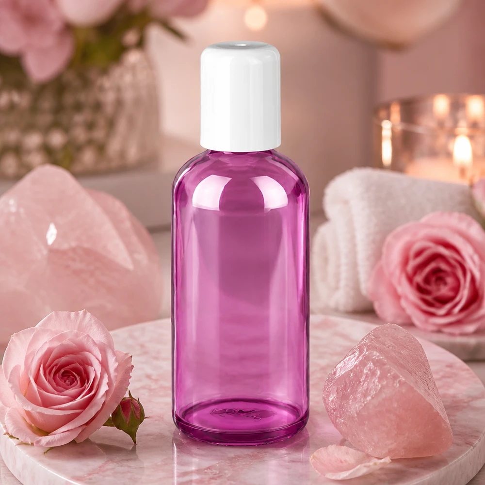 Butelka typu roll-on 100 ml, biała, standardowa PurpleLine UT18/100 Przezroczysta butelka typu roll-on o pojemności 100 ml z fioletowym odcieniem i praktycznym zamknięciem typu roll-on