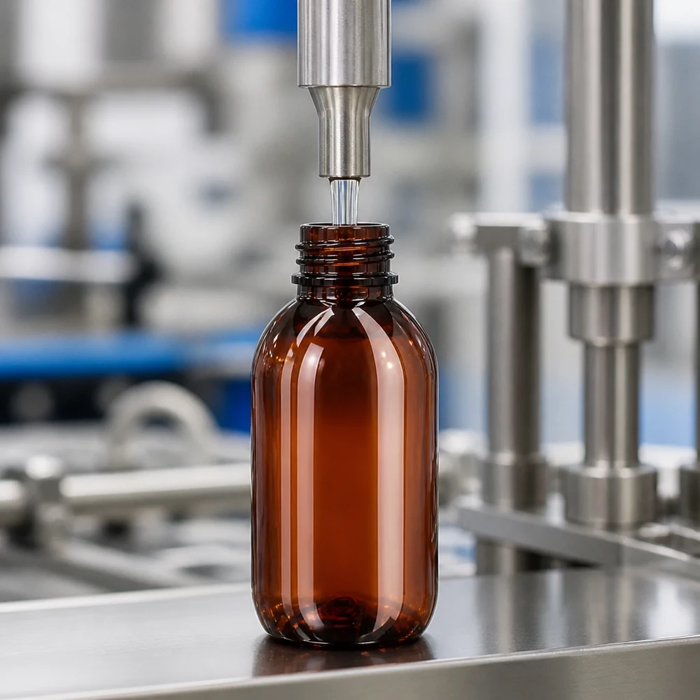 Butelka PET 250ml z białą nakrętką OV + kubek Braune PET Kunststoffflasche 250ml mit Schraubverschluss-Gewinde in Pharmaproduktion