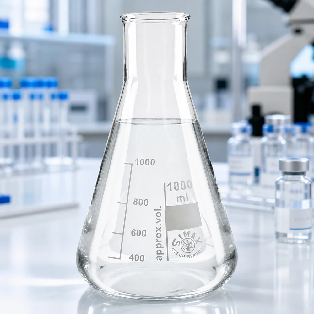 Kolba Erlenmeyera z szeroką szyjką 300 ml Kolba Erlenmeyera o pojemności 300 ml z szeroką szyjką wykonana z przezroczystego szkła borokrzemowego do zastosowań laboratoryjnych