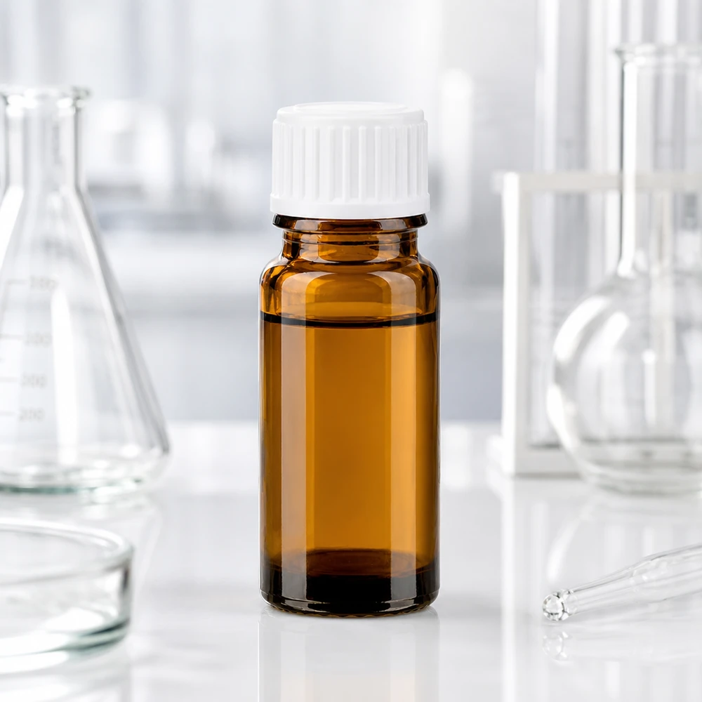 Farmaceutyczna butelka z brązowego szkła o pojemności 10 ml z białą zakraplaczką w laboratorium