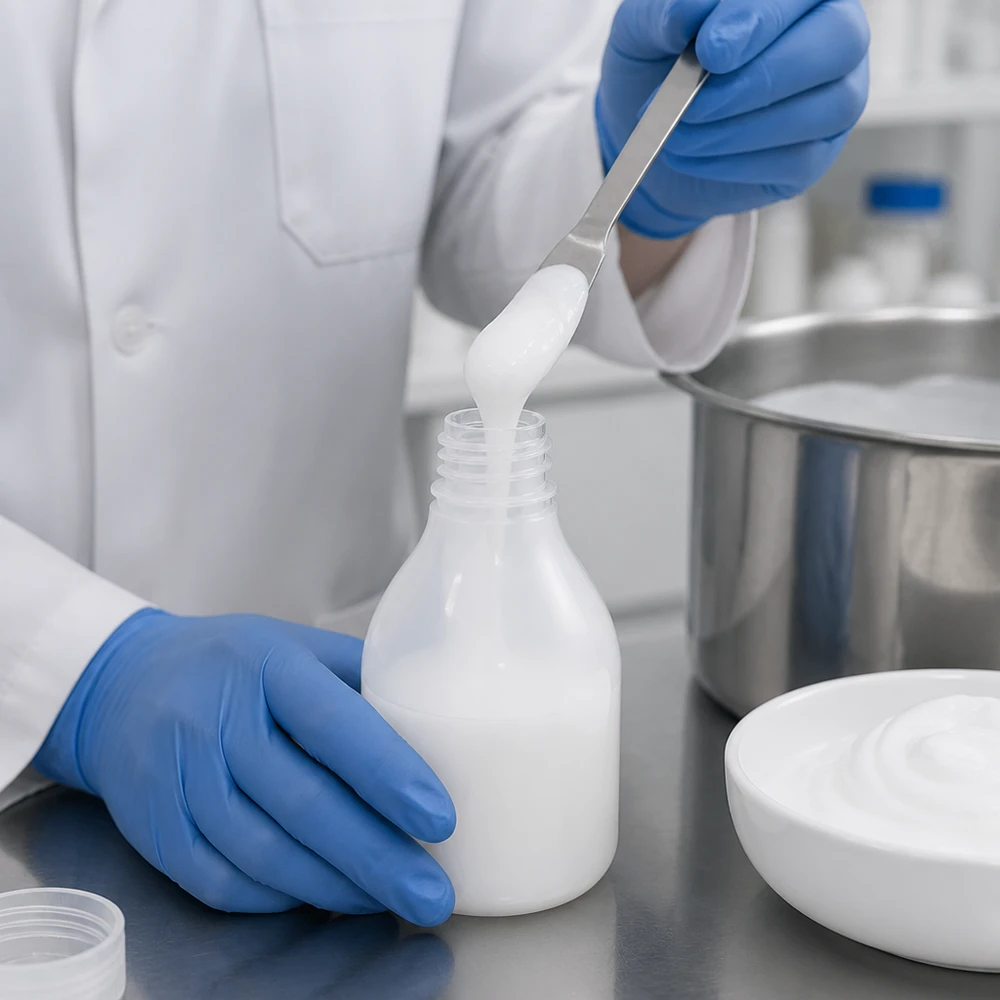 Butelka laboratoryjna 30 ml z wąską szyjką bez zakrętki Biała butelka laboratoryjna o wąskiej szyjce o pojemności 30 ml jest napełniana kremową substancją przez laboratorium w rękawiczkach