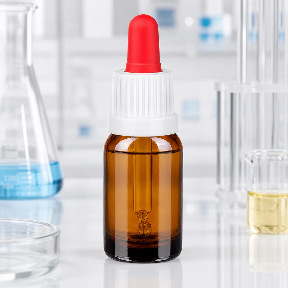 Butelka z pipetą o pojemności 10 ml wykonana z wysokiej jakości bursztynowego szkła z ochroną przed promieniowaniem UV i precyzyjnym systemem dozowania