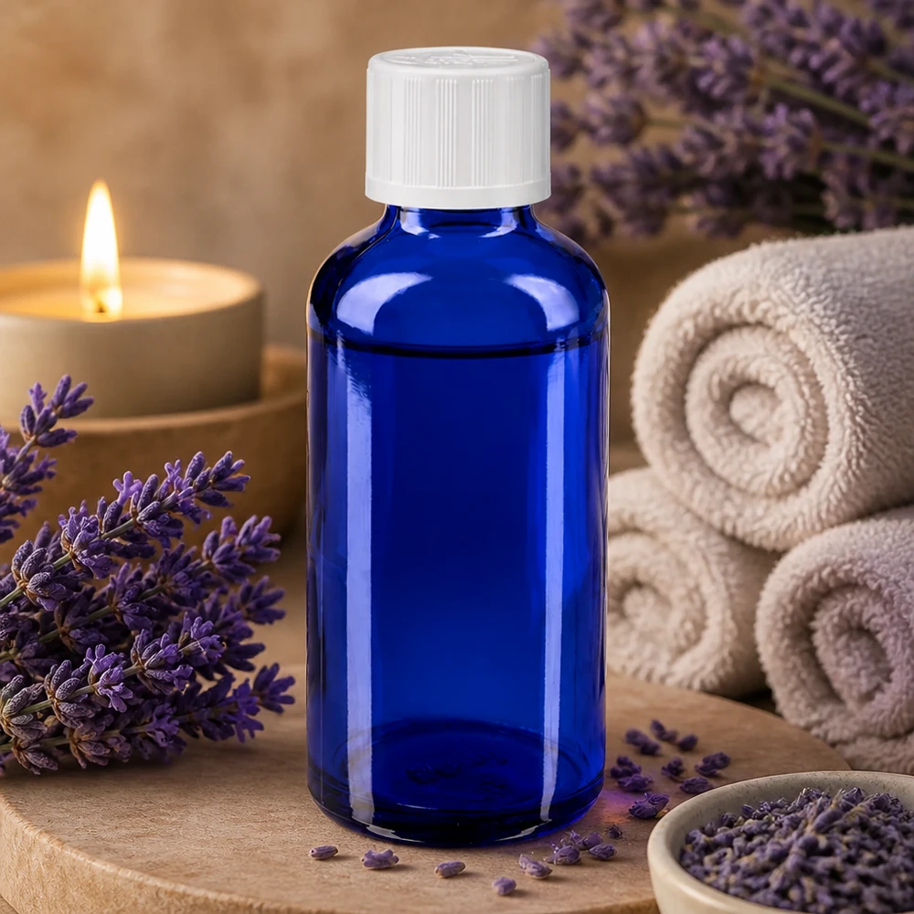 Butelka apteczna niebieska 50ml z kroplomierzem biała KiSi St Niebieska szklana buteleczka o pojemności 50 ml z zakraplaczem, umieszczona pomiędzy kwiatami lawendy a świecą w otoczeniu przypominającym spa