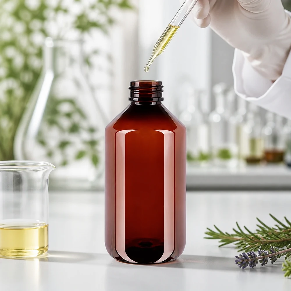 Brązowa butelka PET o pojemności 500 ml z pipetą w profesjonalnym środowisku laboratoryjnym z naturalnymi roślinami