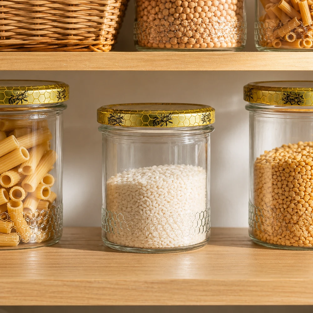 560g Honigglas + BasicSeal Deckel Bienenwabe UNiTWIST Słoik na miód 400 ml z pokrywką o strukturze plastra miodu w zorganizowanej spiżarni, organizacja spiżarni z makaronem i płatkami zbożowymi