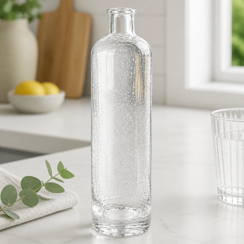 Szklana butelka Ella 500 ml bez zamknięcia UNiTWIST® 500ml Glasflasche Ella mit Sprudelwasser gefüllt elegante Küchenszene Bubbles sichtbar stilvolle Tischdekoration