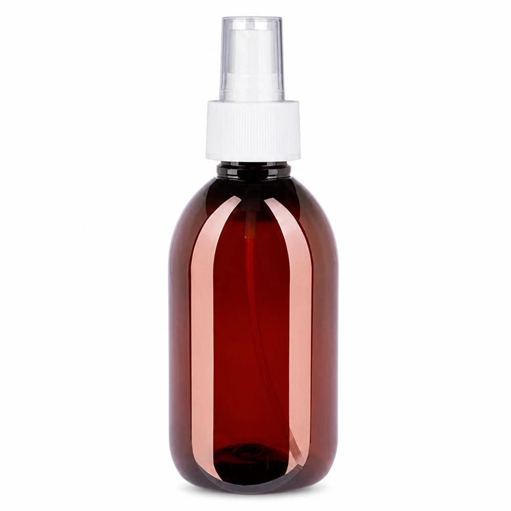 Leere Sprühflasche 250ml aus PET in Braun mit weissem Zerstäuberverschluss