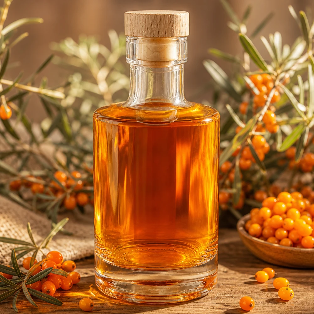 200 ml szklana butelka Marie wypełniona olejem z rokitnika, drewniany korek, naturalna dekoracja z jagód rokitnika i gałązek