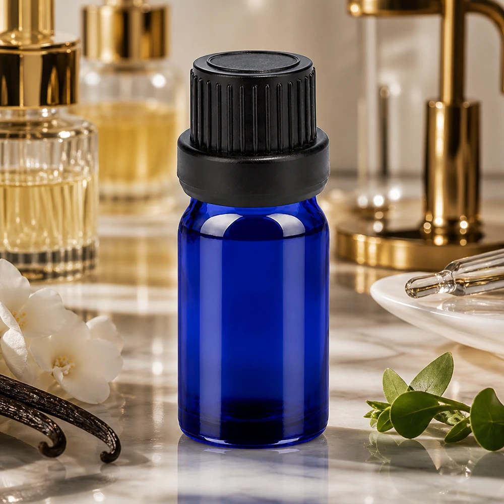Butelka 5 ml 11 mm SV czarna OV BlueLine UT18/5 Niebieska szklana butelka 5 ml z czarną nakrętką, idealna do perfum i olejków zapachowych UT18/5