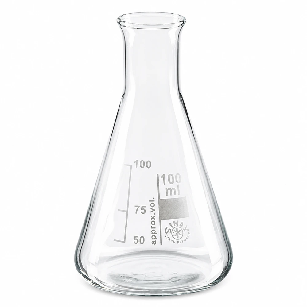Kolba Erlenmeyera 100 ml z wąską szyjką wykonana z przezroczystego szkła borokrzemowego do zastosowań laboratoryjnych