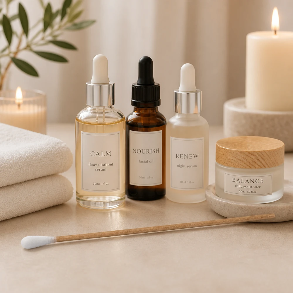 Waciki UNSTERIL Niestylizowane patyczki kosmetyczne z drewnianą rączką obok produktów do pielęgnacji skóry: Calm Serum i Balance Moisturizer
