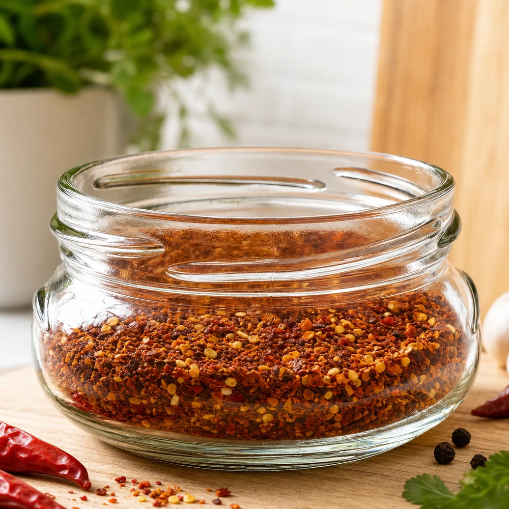 UNiTWIST Terrina120 słoik do terriny 120ml TO70 z mieszanką przypraw chili na drewnianej desce w kuchni