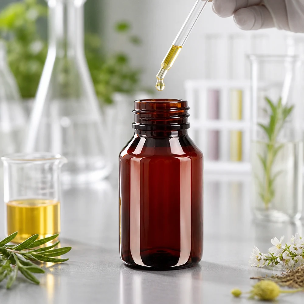 Braune PET Enghalsflasche 50ml mit manipulationssicherem Schraubverschluss für Flüssigstoffe