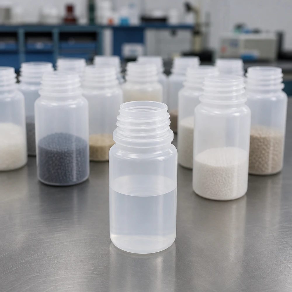 Kilka kolb laboratoryjnych o szerokiej szyjce o pojemności 50 ml, zawierających granulaty i proszki w różnych kolorach, w porównaniu laboratoryjnym