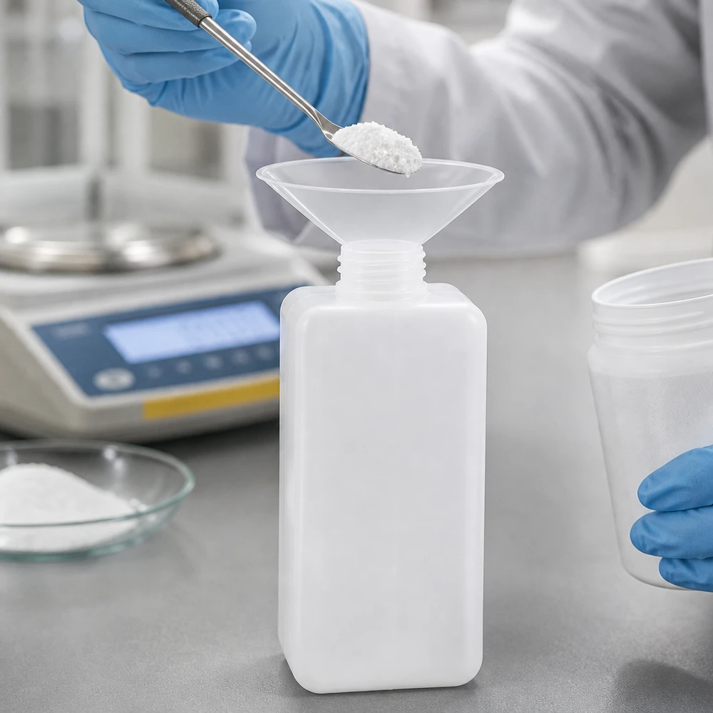 Biała butelka na chemikalia z wąską szyjką o pojemności 1000 ml, wykonana z PE-HD, z lejkiem, służąca do napełniania białym proszkiem w laboratorium