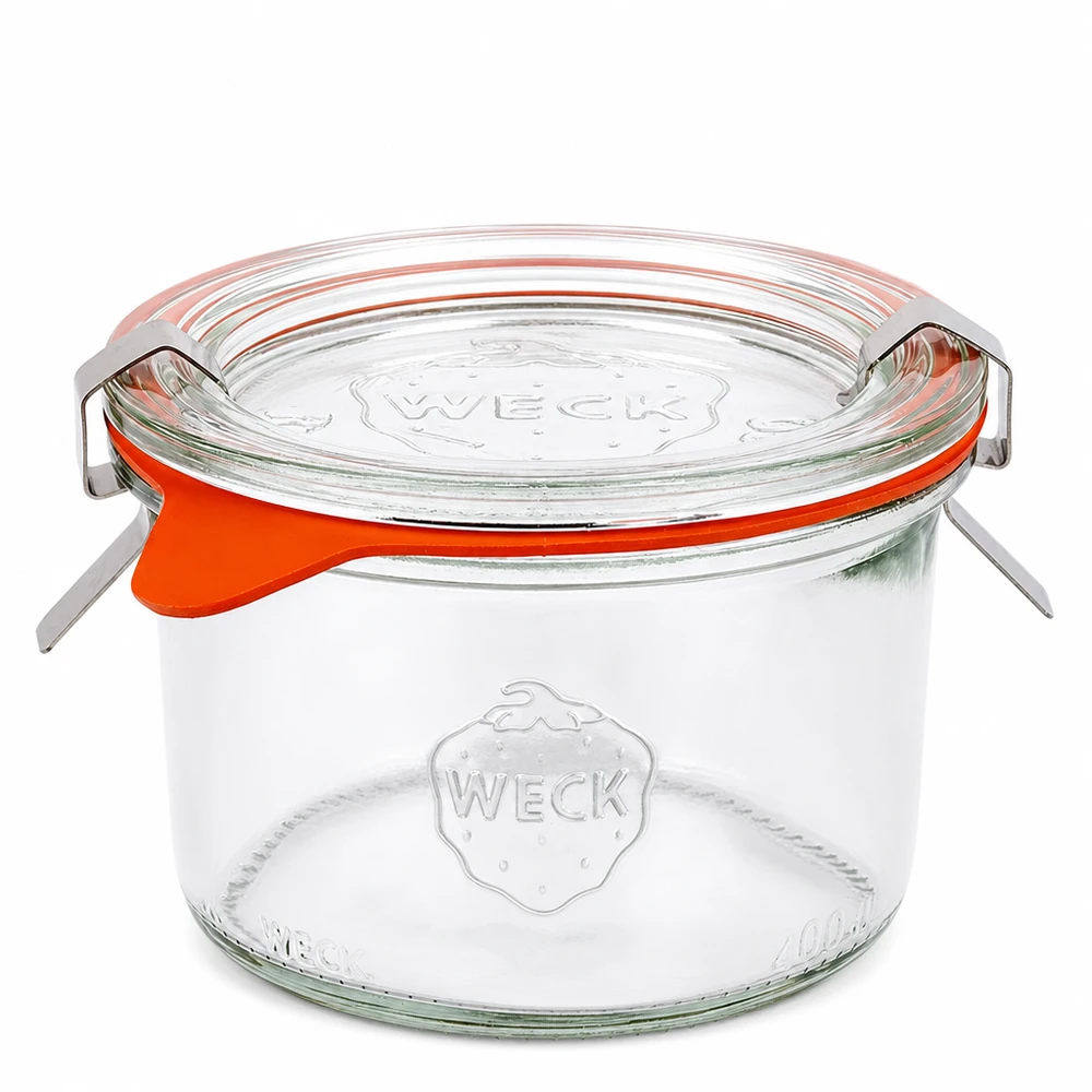 Kubki 200 ml w komplecie WECK RR80 Słoik na przetwory WECK 200ml RR80 ze szklaną pokrywką i pomarańczowym gumowym pierścieniem Słoik na przetwory kompletny