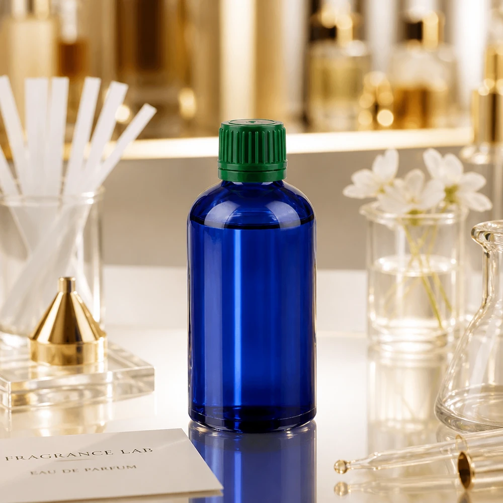 Butelka 100 ml 11 mm SV zielona OV BlueLine UT18/100 Precyzyjna butelka 100 ml z zakrętką 11 mm w kolorze niebiesko-zielonym do użytku laboratoryjnego