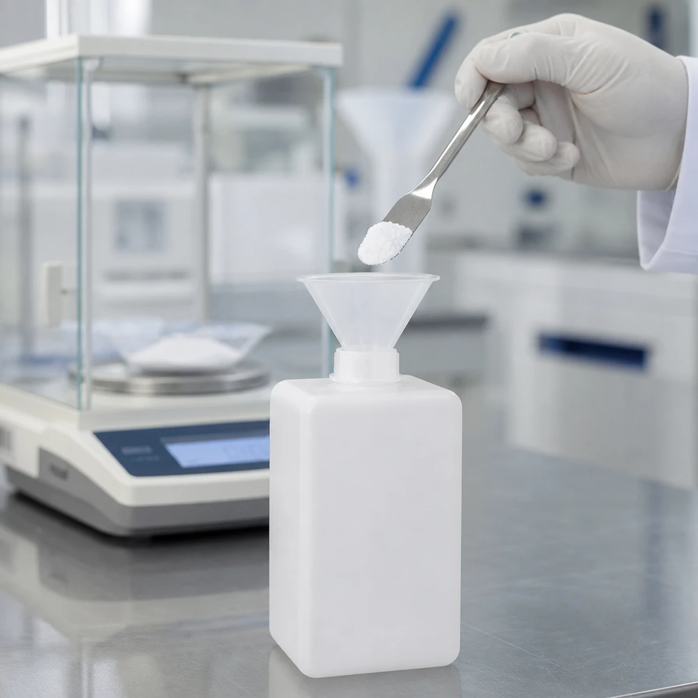 Biały proszek jest wsypywany za pomocą łopatki przez lejek do butelki na chemikalia z PE-HD o pojemności 1500 ml i wąskiej szyjce