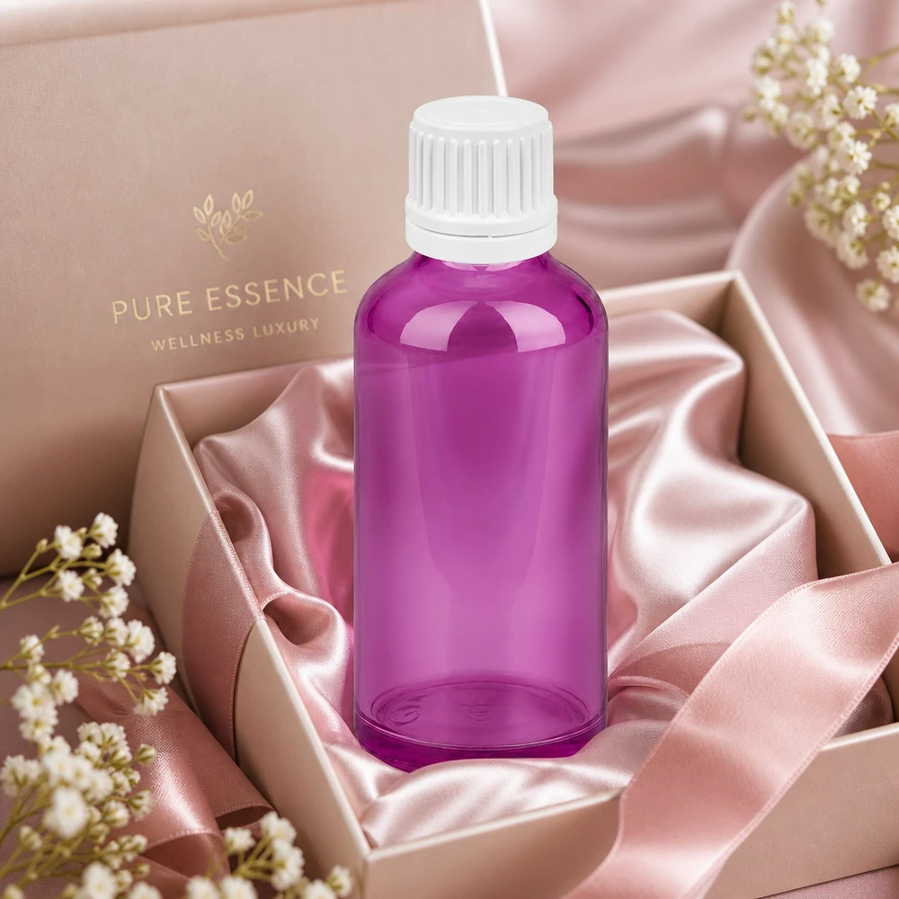 Elegancka 50 ml butelka w kolorze fioletowym z białą nakrętką dla wysokiej jakości esencji