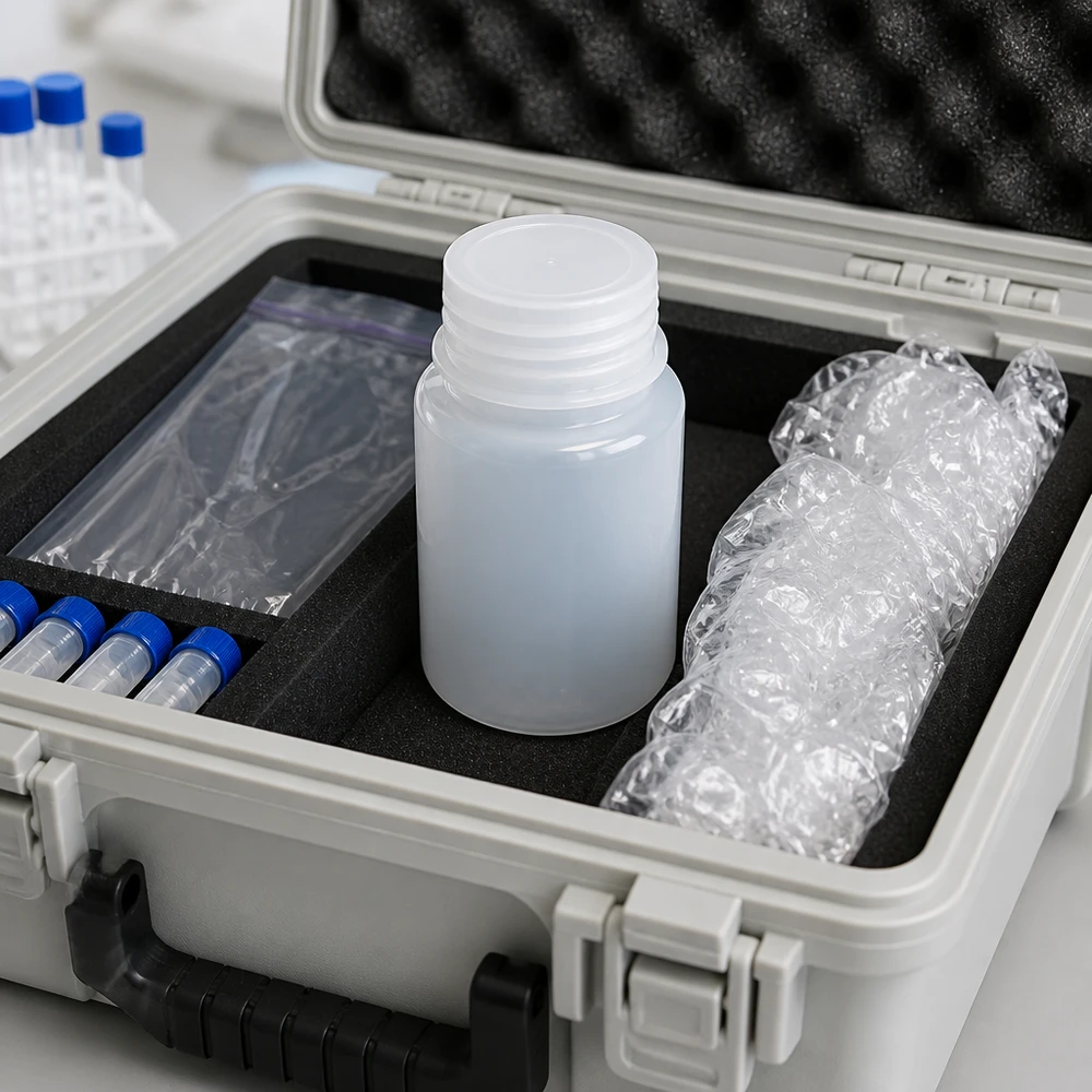 Butelka o pojemności 50 ml z szeroką szyjką, wykonana z tworzywa HDPE, bez zamknięcia, w walizce transportowej z wkładami chłodzącymi