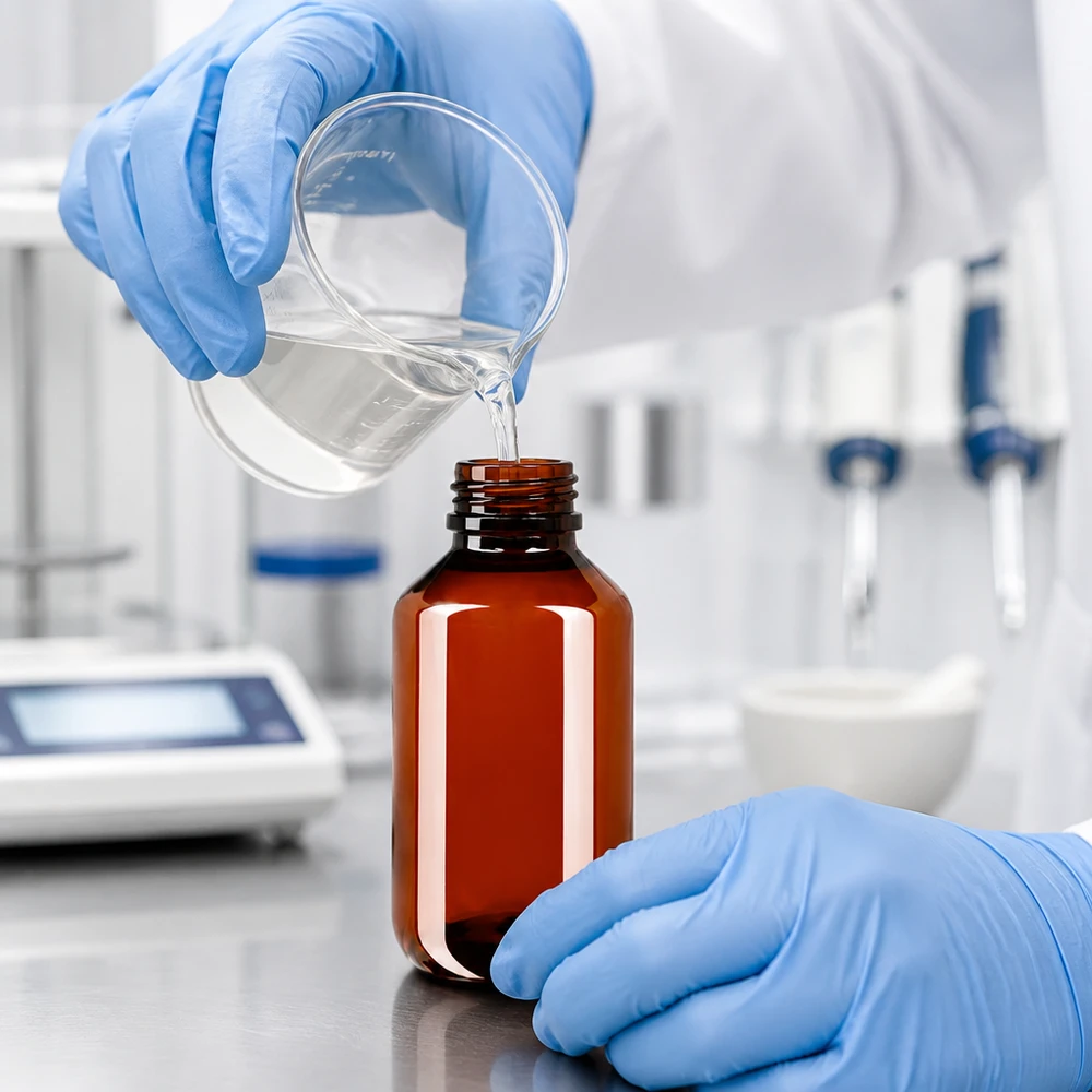 Technik laboratoryjny napełnia bursztynową butelkę PET o pojemności 100 ml z korkiem odgazowującym
