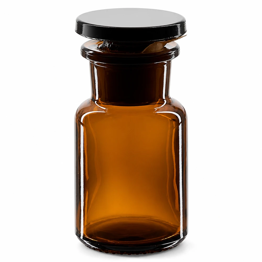 Okrągła butelka na ramię 50 ml z brązową szeroką szyjką i szklanym korkiem Brązowa butelka z zaokrąglonymi ramionami, pojemność 50 ml, ze szklanym korkiem i szeroką szyjką, przeznaczona do laboratoriów i aptek
