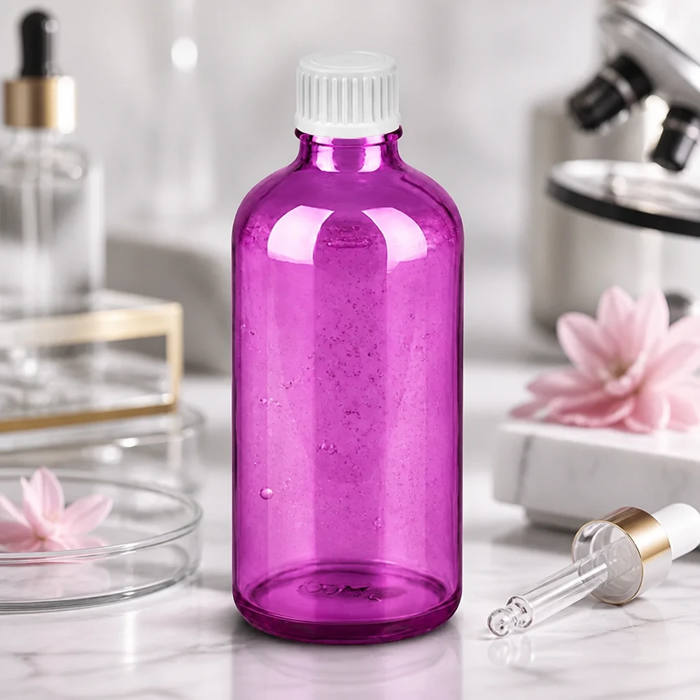 Butelka z zakraplaczem 100 ml 0,9 mm biały standard PurpleLine UT18/100 Fioletowa szklana butelka 100 ml z precyzyjną funkcją zakraplacza do zastosowań kosmetycznych i laboratoryjnych
