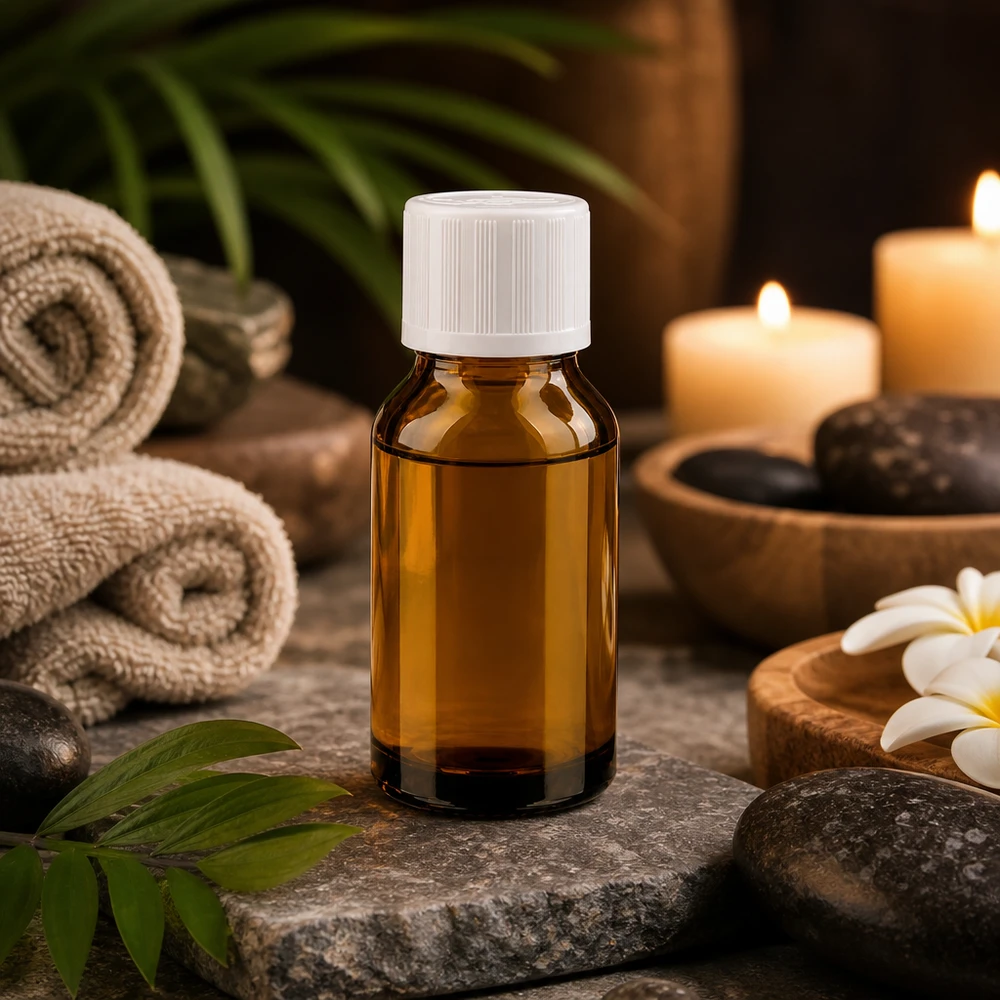 Olejek eteryczny w brązowej szklanej buteleczce o pojemności 15 ml z białą zakrętką, w stylu spa