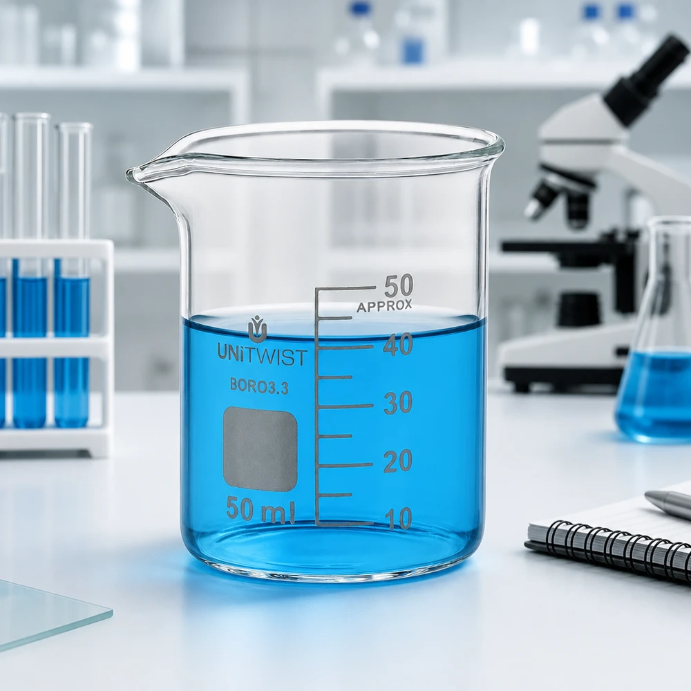 Naczynie laboratoryjne o pojemności 50 ml, szklana zlewka typu UNiTWIST o niskim profilu, zawierająca niebieski płyn do poziomu 40 ml
