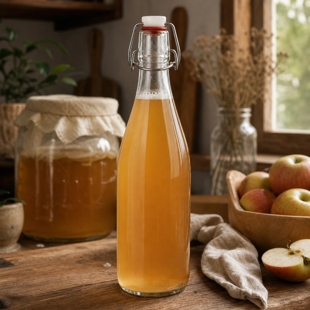 500ml szklana butelka typu swing top wypełniona sokiem jabłkowym rustykalna kuchnia napój owocowy domowej roboty naturalny